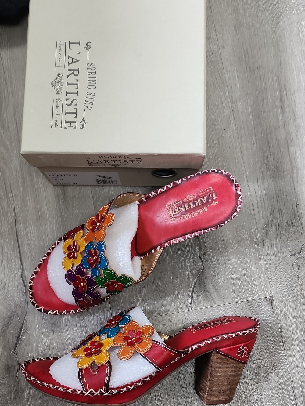 L'ATISTE Red Floral Appliqué Slide Mules